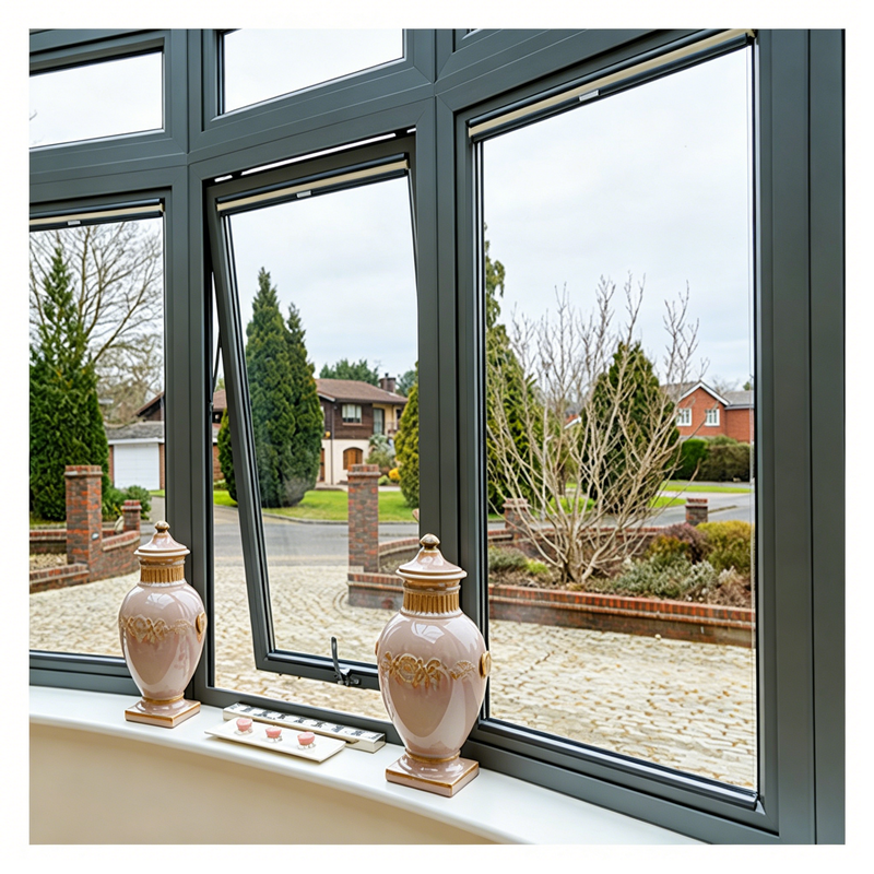 Window Aluminum Glass Slim Bevel Top Hung Modern Facade Anthracite Powder Coated Frame Windows
