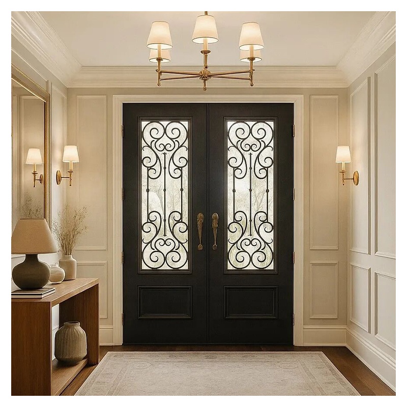 Luxury Black Frame Double Swing Indoor Thermal Insulation Waterproof Tempered Glass Aluminum French Door
