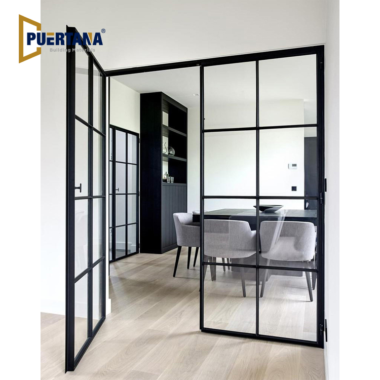 Modern Indoor Aluminium French Casement Swing Glass Door Internal Glass Walls Divider Interior Metal Framed French Doors