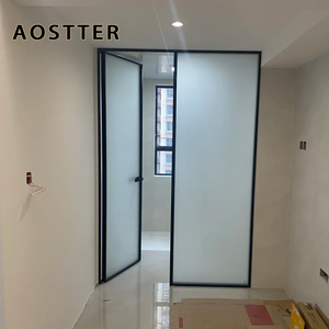 AOSTTER Slimline Aluminum Sliding Door Opaque Safety Glazing Heavy Duty Pivot Hinge Manual Anti-Theft for Hotel Room Washroom