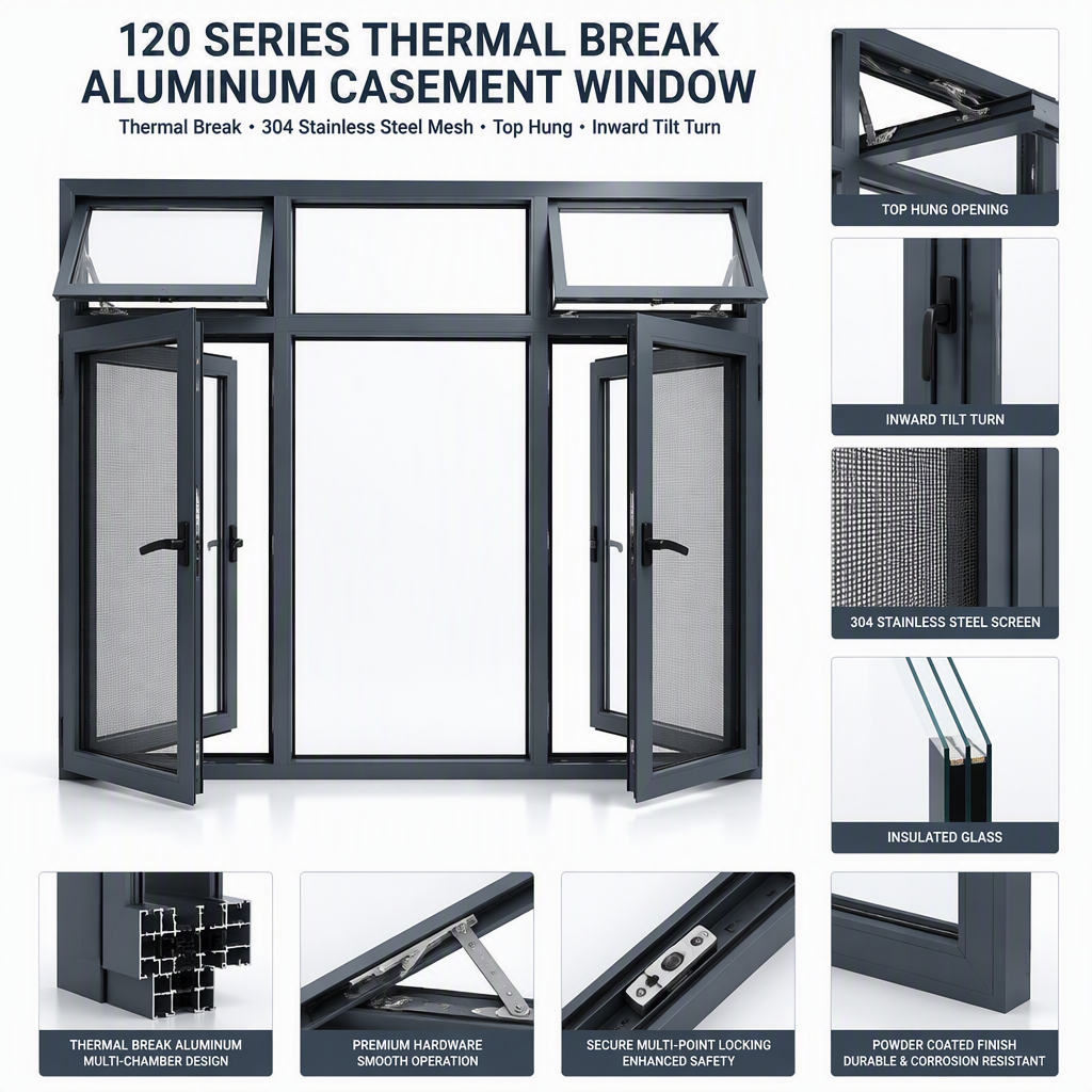 120 Series Casement Window Thermal Break Aluminum Magnesium Alloy Fixed Center Sash Double Side Opening Top Hung Inward Tilt