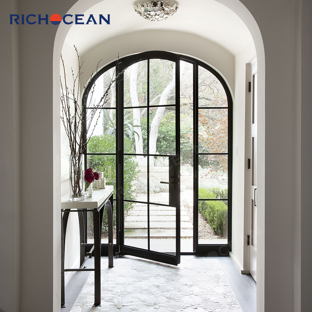 RICHOCEAN Customized Arched Aluminum Framed Swing Glass Door Crittall Style Entrance Metal French Doors for Homes