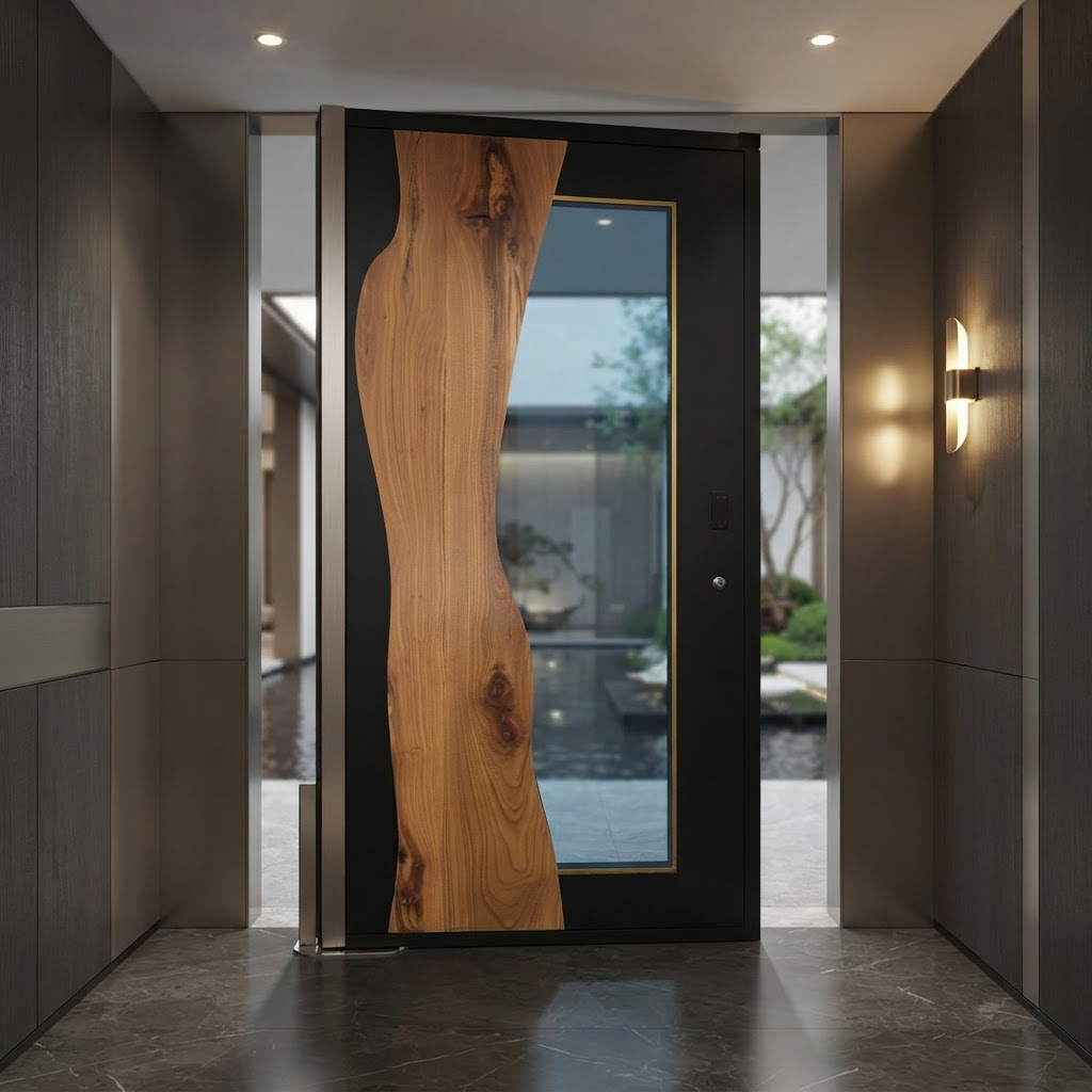 Custom Color Cast Aluminum Pivot Entry Door Wood Grain Finish European Style Automatic Opening for Modern Hotels Villas