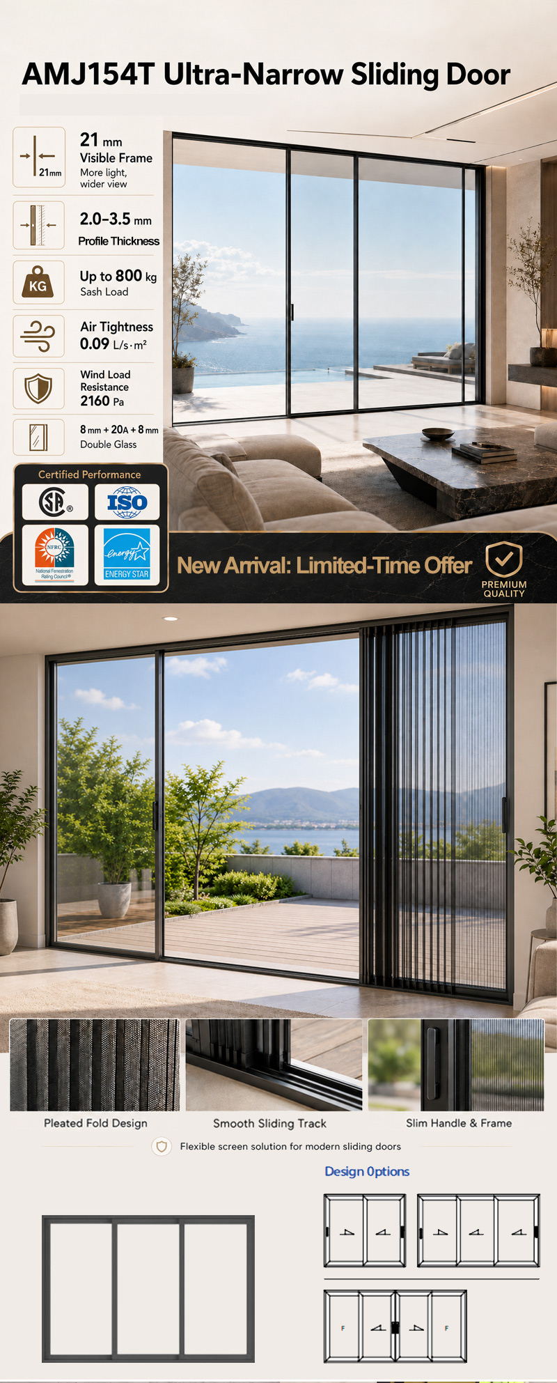 Nfrc Certified Invisible Frame Sliding Door Thermal Break Aluminum Ultra Slim Soundproof High Performance Sliding Door System