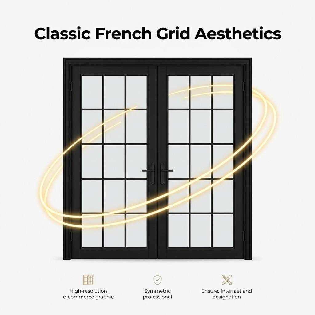 French Grid Aesthetics Pre Finished Black Interior Exterior Durable Aluminum Slim PVC French Door for Modern Home Villa