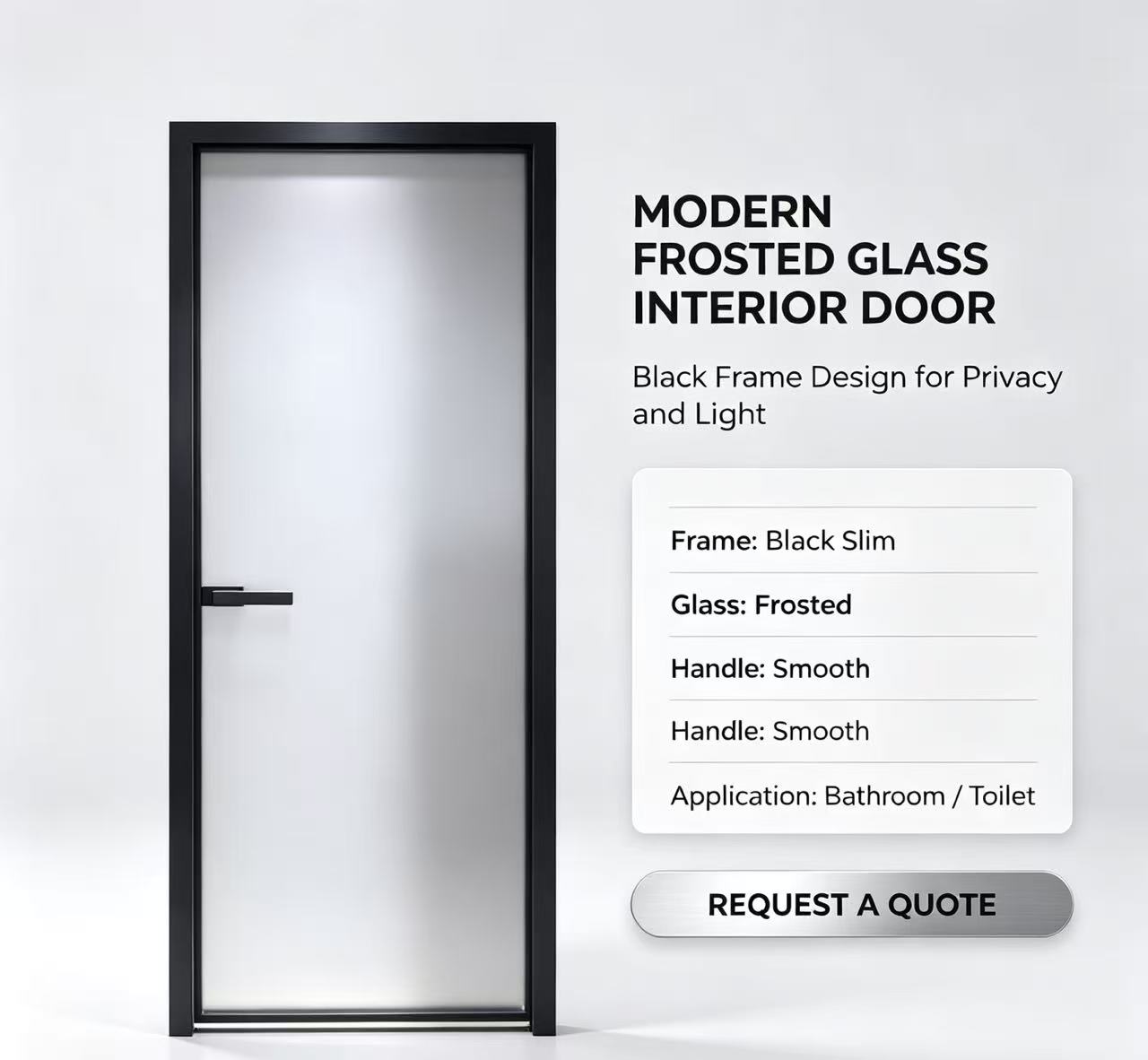 Modern Black Aluminum Framed Frosted Glass Interior Hinged Door Slim Frame Smooth Handle for Bathroom Villa Office