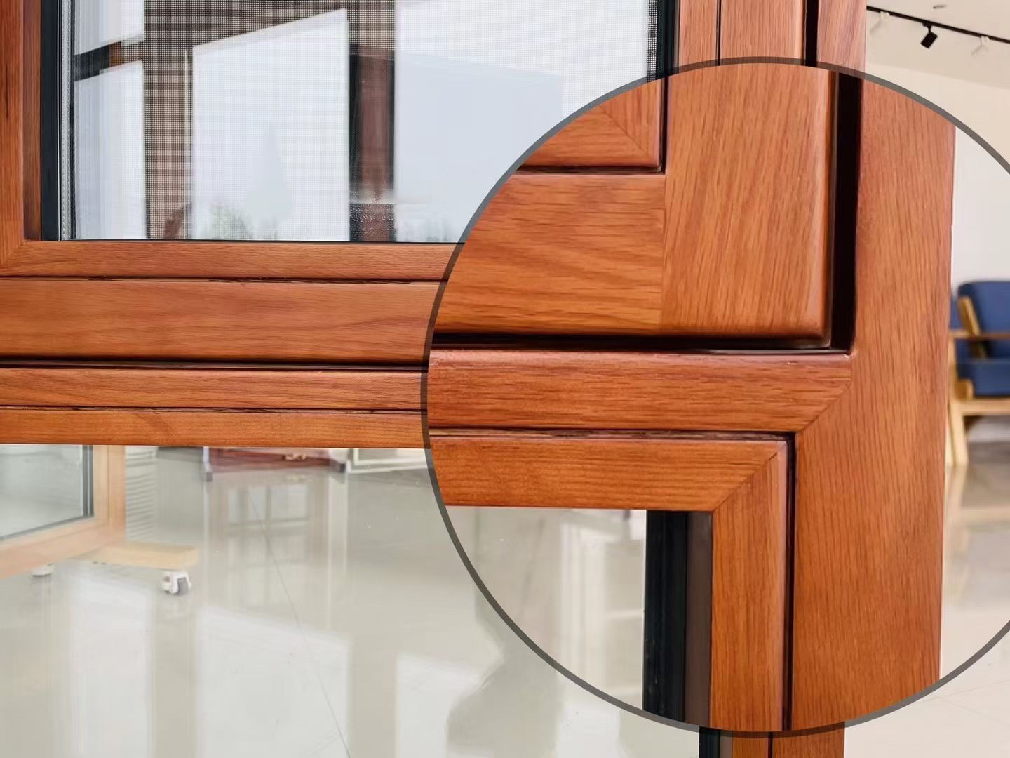 Solid wood finish interior window framing