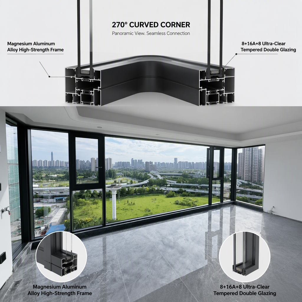Thermal Break Aluminum Panoramic Corner Window 270 Degree Curved Corner System Window Custom Glass