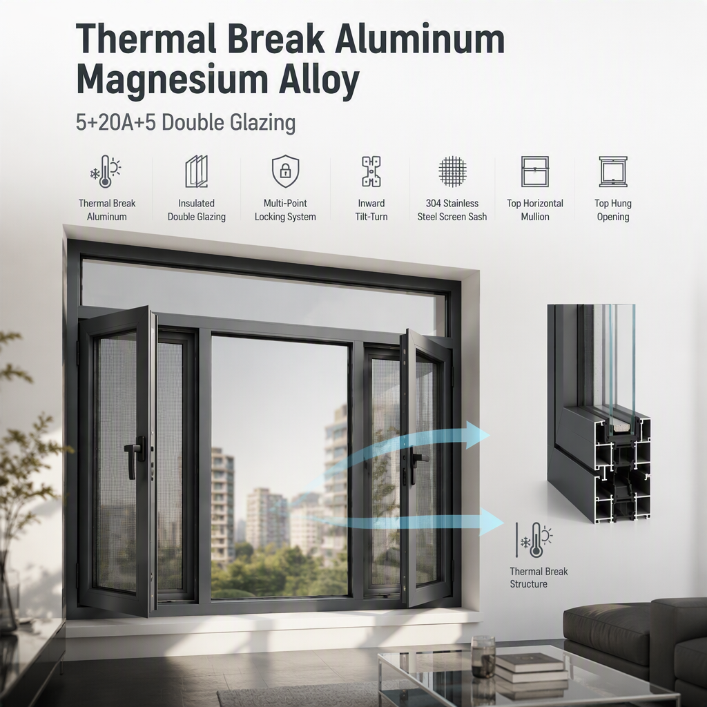 120 Series Casement Window Thermal Break Aluminum Magnesium Alloy Fixed Center Sash Double Side Opening Top Hung Inward Tilt
