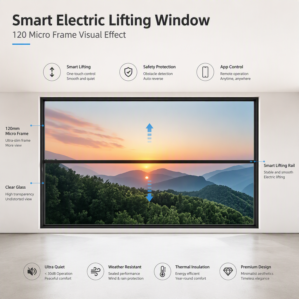 Black Aluminum Alloy Smart Electric Lifting Sliding Window Large Glass Roof Window for House