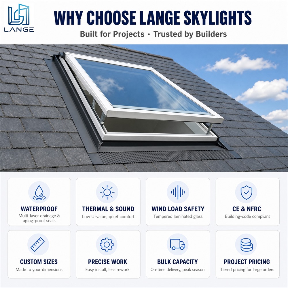 LANGE Operable Aluminum Roof Window Top Hung Ventilated Double Glazed Skylight Rainproof for Attic House