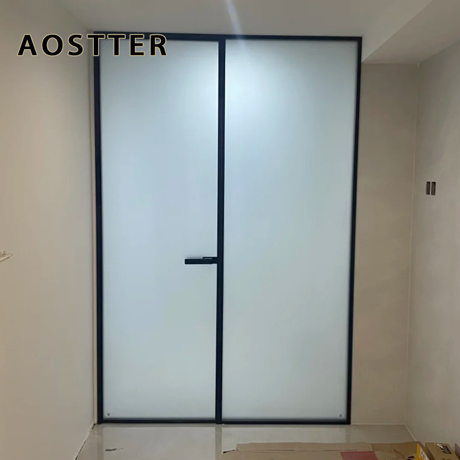 AOSTTER Slimline Aluminum Sliding Door Opaque Safety Glazing Heavy Duty Pivot Hinge Manual Anti-Theft for Hotel Room Washroom