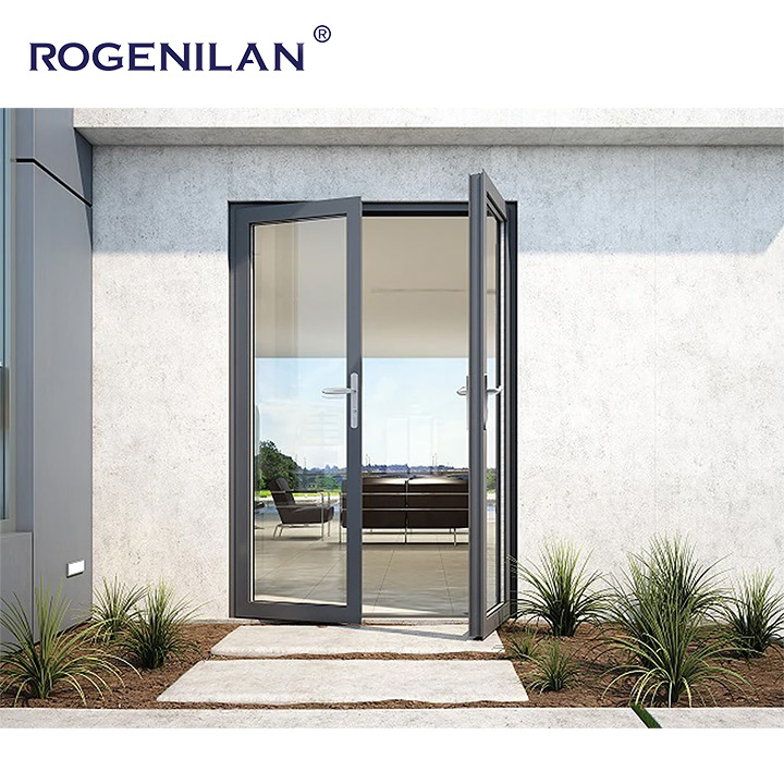 Rogenilan China Supplier Customized Size Aluminum Doors And Window Double Large Glass Fixed French Door For Houses
