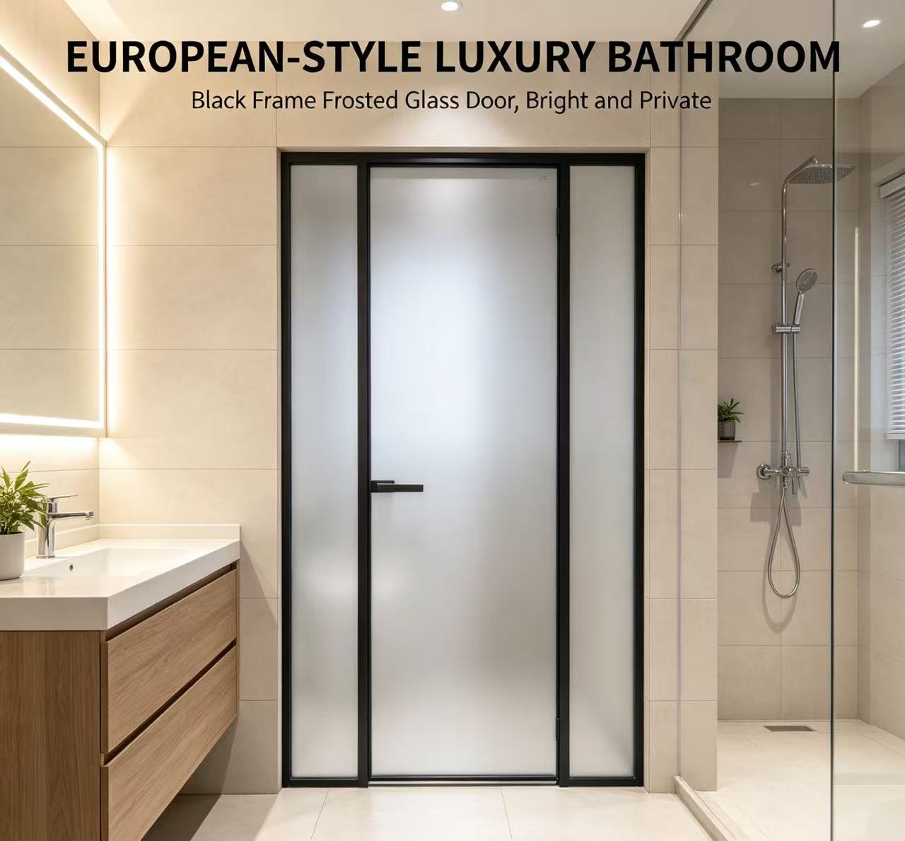 Modern Black Aluminum Framed Frosted Glass Interior Hinged Door Slim Frame Smooth Handle for Bathroom Villa Office