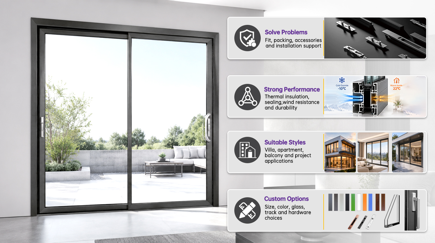 EOKO CE CSA Certified Ultra Slim Aluminum Sliding Door Thermal Break 38dB Soundproof Patio Sliding Door for Mediterranean Villa