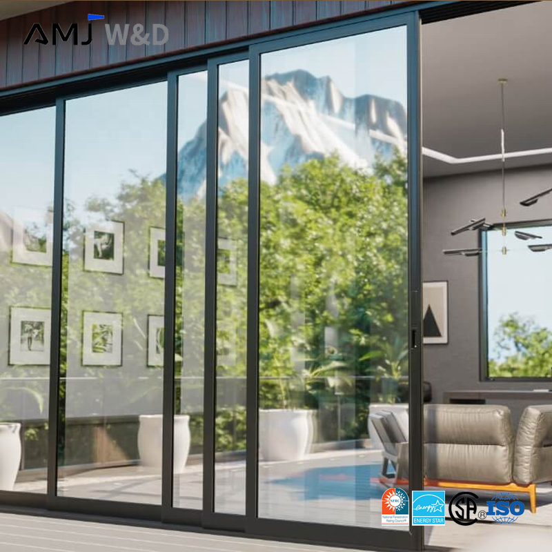 Amj Modern Glass Doors Sliding System Narrow Frame Aluminum Sliding Patio Doors With Folded Screen Mesh