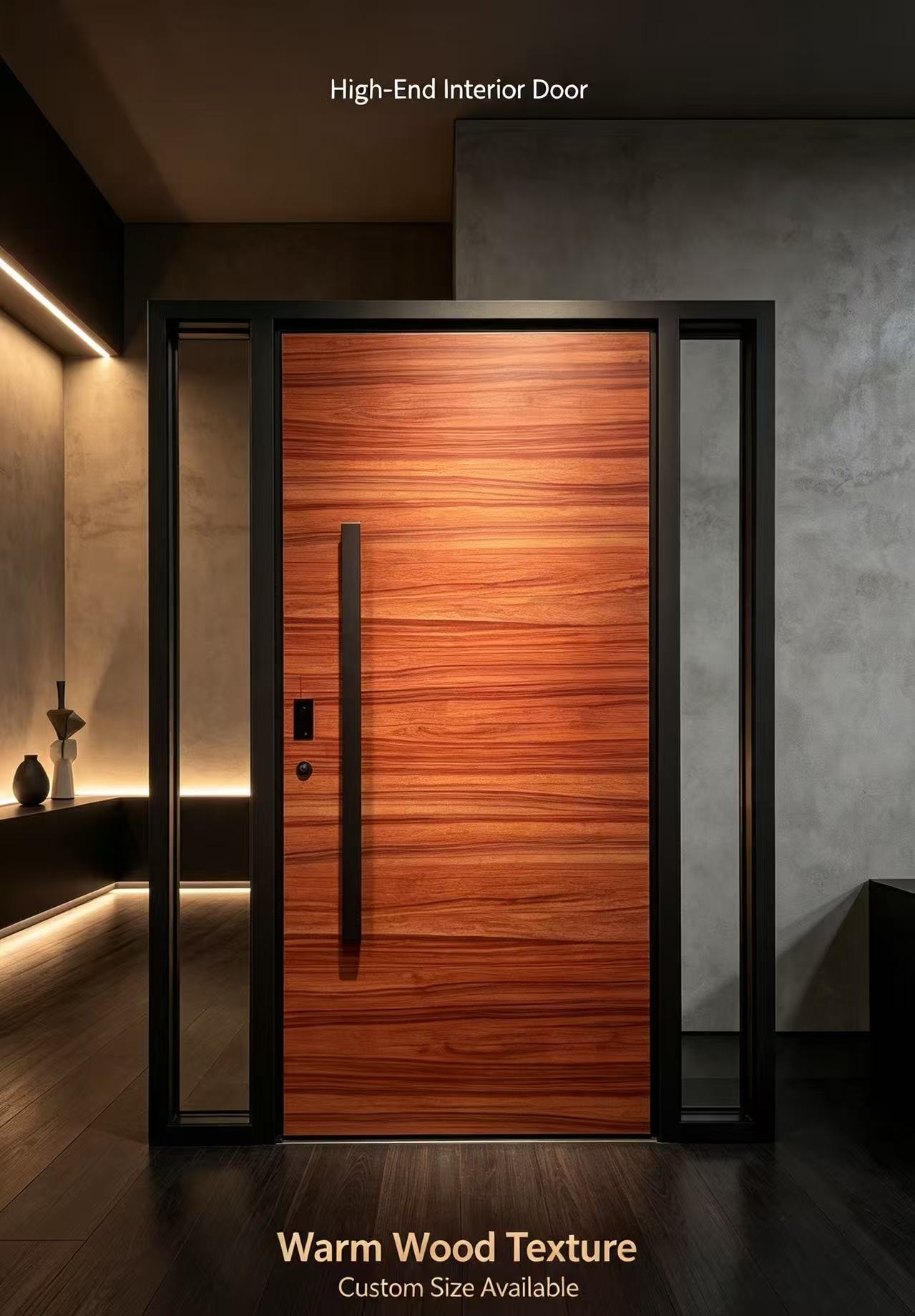 Modern European Design Wood-Grain Aluminum Pivot Entry Door Sidelight Glass Black Metal Frame Apartment Front Anti-Corrosion 5