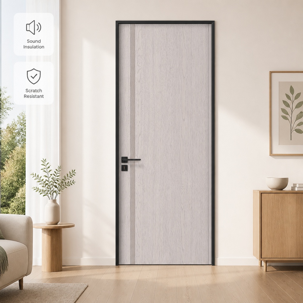 Modern Solid Core Wooden Interior Door Paint-Free Eco-friendly Melamine Faced Board with Aluminum Frame for Hotel
