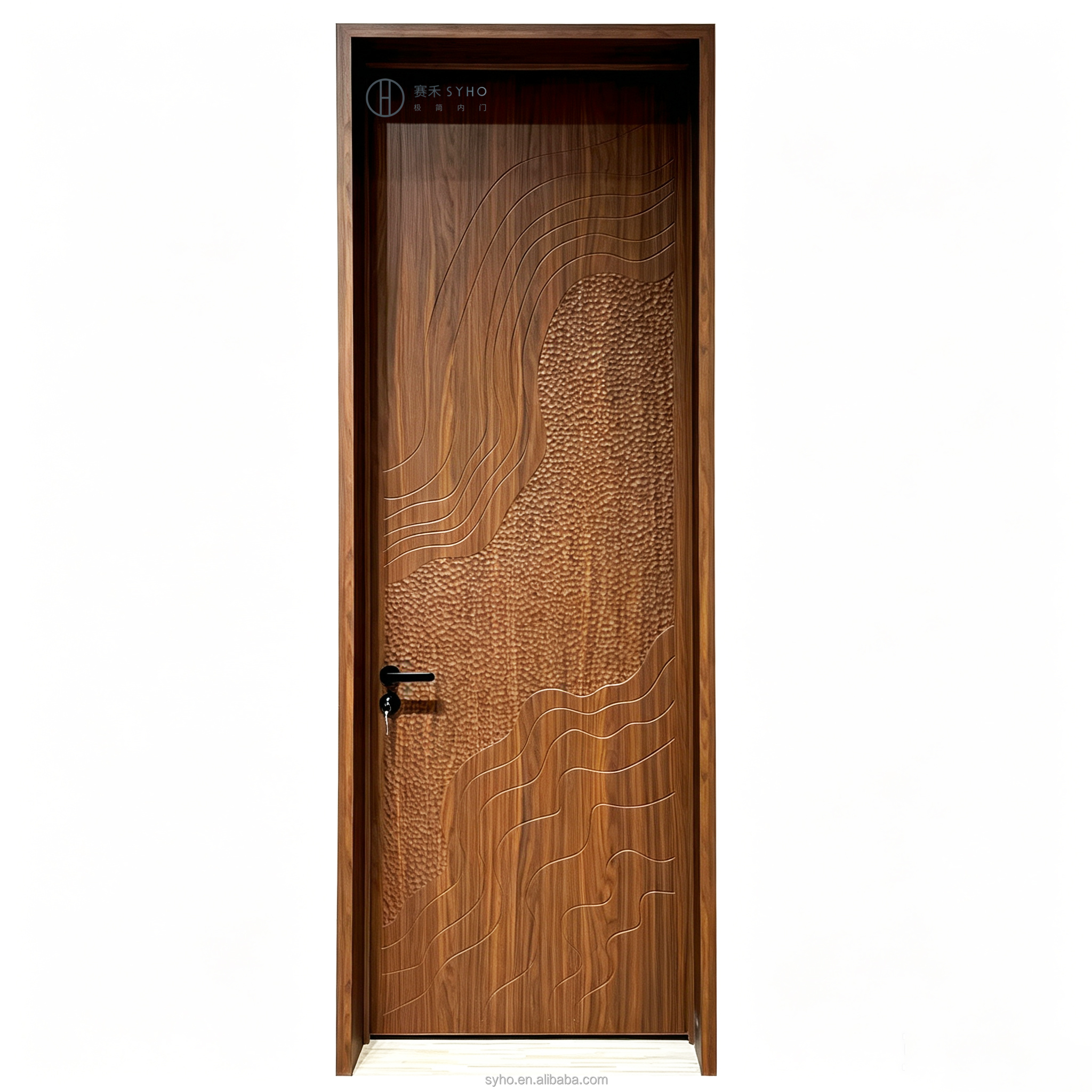 New Chinese Style Carved Aluminum Wood Composite Interior Door Bionic Wood Grain Veneer Factory Custom