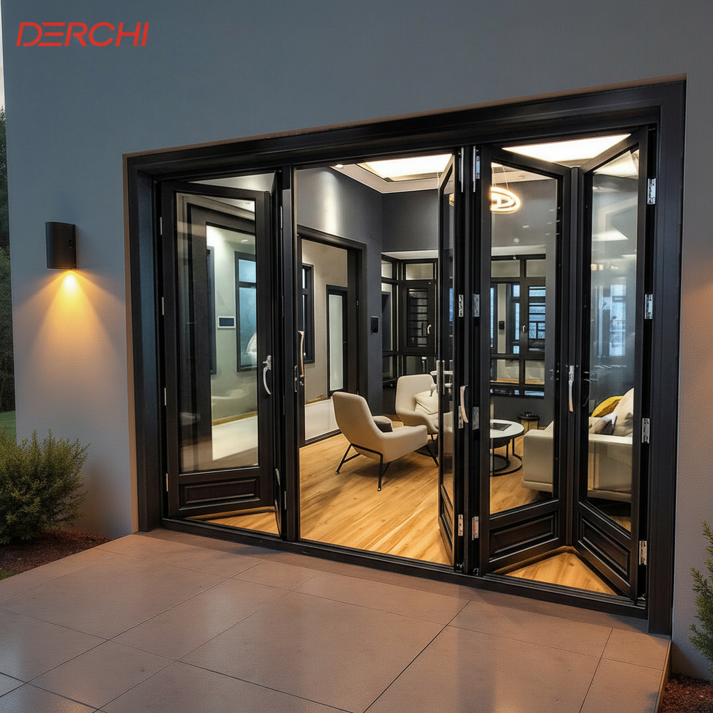 DERCHI Custom Security Bi-fold Aluminum Bifold Patio Doors with Minimalist Design Double Tempered Glass Waterproof