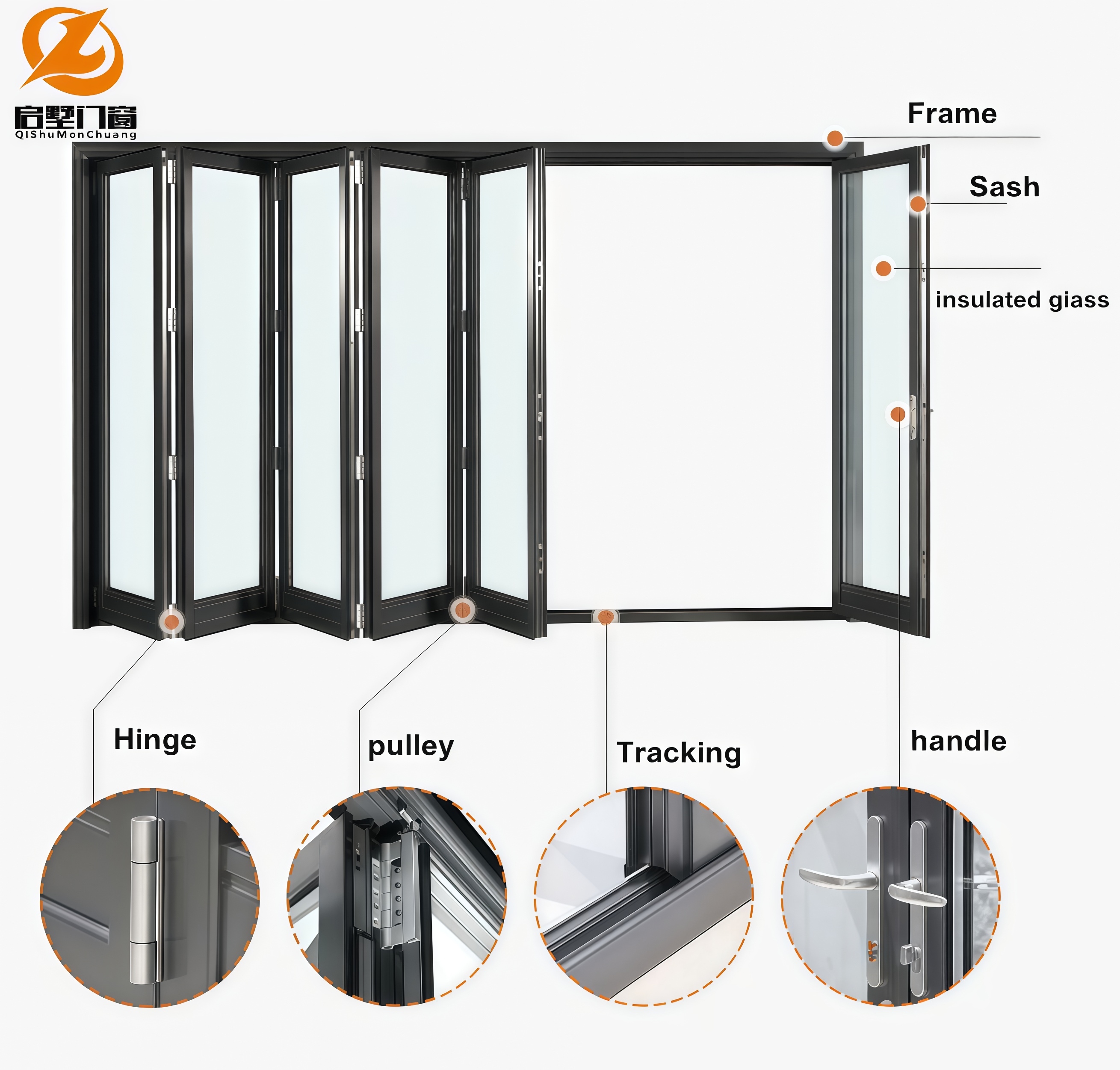 Modern Aluminum Foldable Bi-Fold Doors with Double Glazed Glass Waterproof for Exterior Use in Home Villa Courtyard