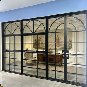 French Style Black Aluminum Double Door Grille Arched Top Design Energy Efficient Interior Casement Door for Villa Living Room