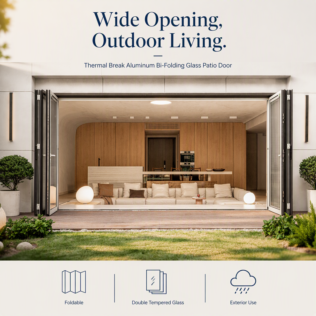 Thermal Break Exterior Bi Folding Door Aluminum Patio Bifold Doors Outdoor Garden Black Frame Accordion Folding Glass Door