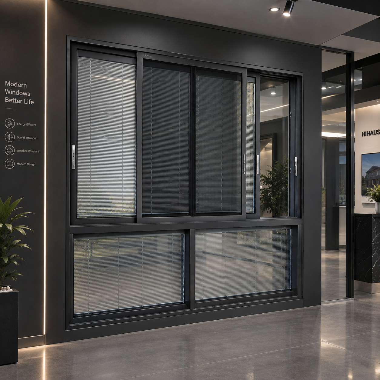 Hihaus Aluminum Sliding Windows for Houses Modern Bedroom Black Sliding Glass Windows with Shutters
