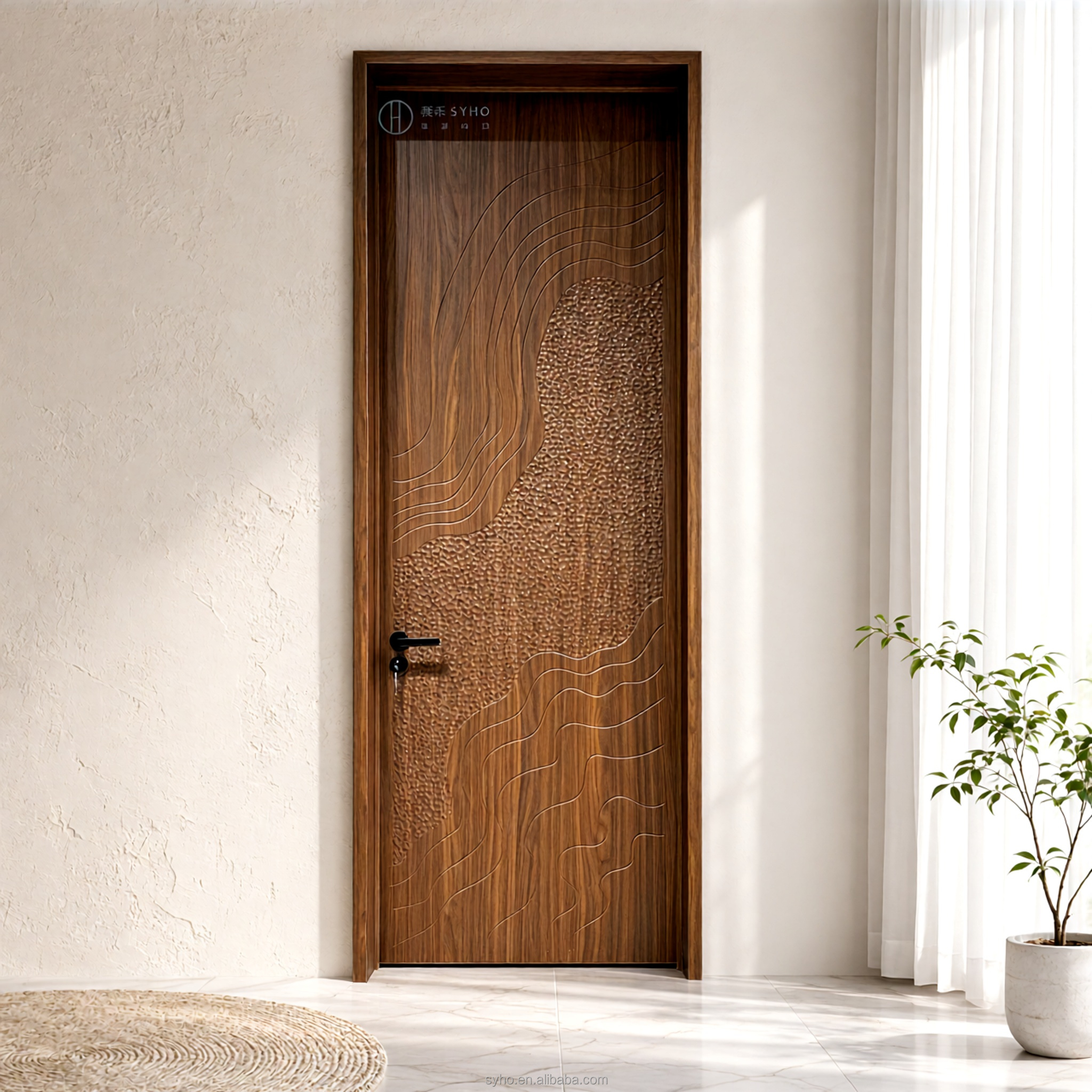 New Chinese Style Carved Aluminum Wood Composite Interior Door Bionic Wood Grain Veneer Factory Custom