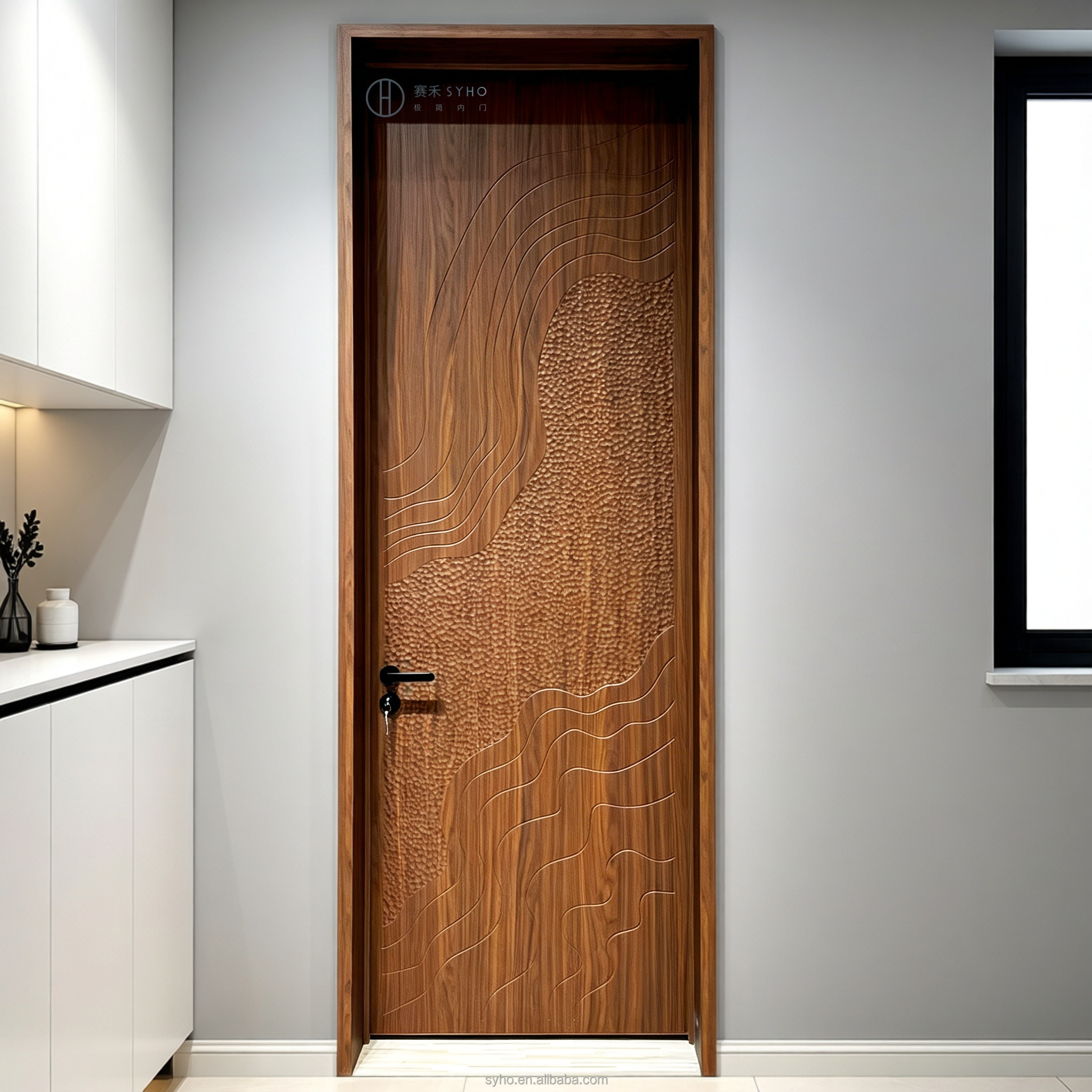 New Chinese Style Carved Aluminum Wood Composite Interior Door Bionic Wood Grain Veneer Factory Custom