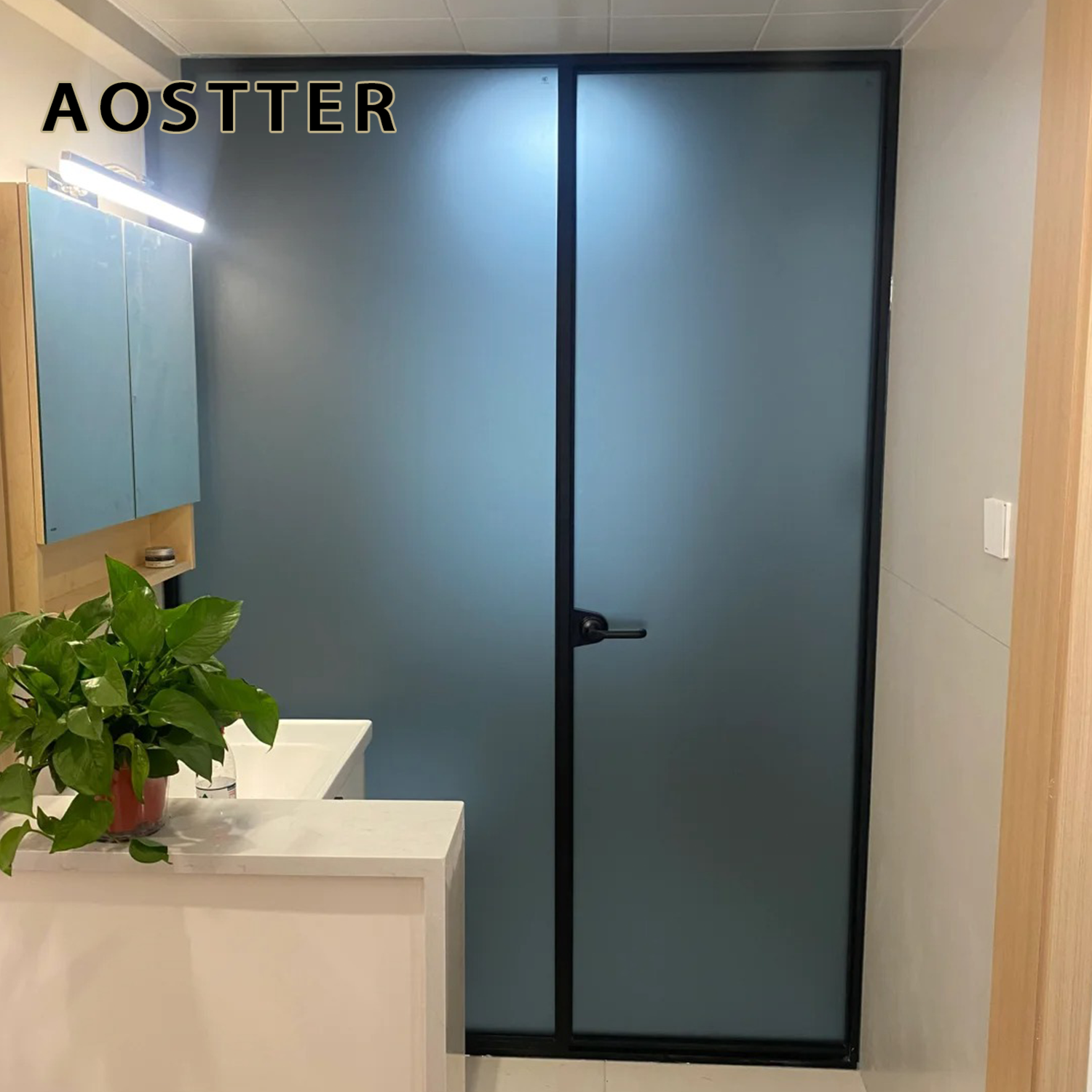 AOSTTER Slimline Aluminum Sliding Door Opaque Safety Glazing Heavy Duty Pivot Hinge Manual Anti-Theft for Hotel Room Washroom