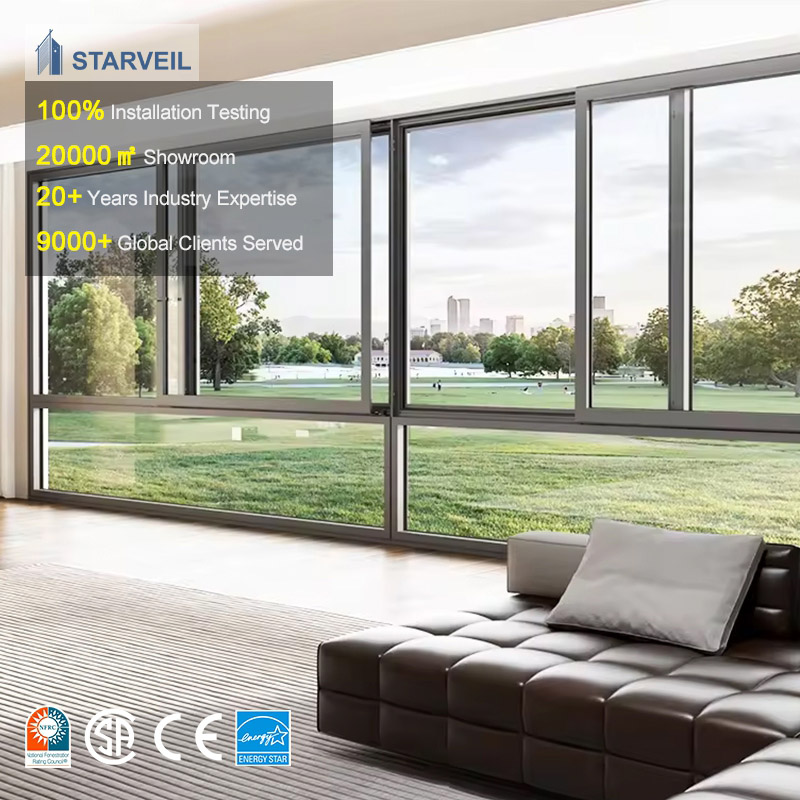 Modern Double Glazed Horizontal Sliding Stacking Commercial Exterior Windows Black Aluminum Frame Waterproof Heat Insulation