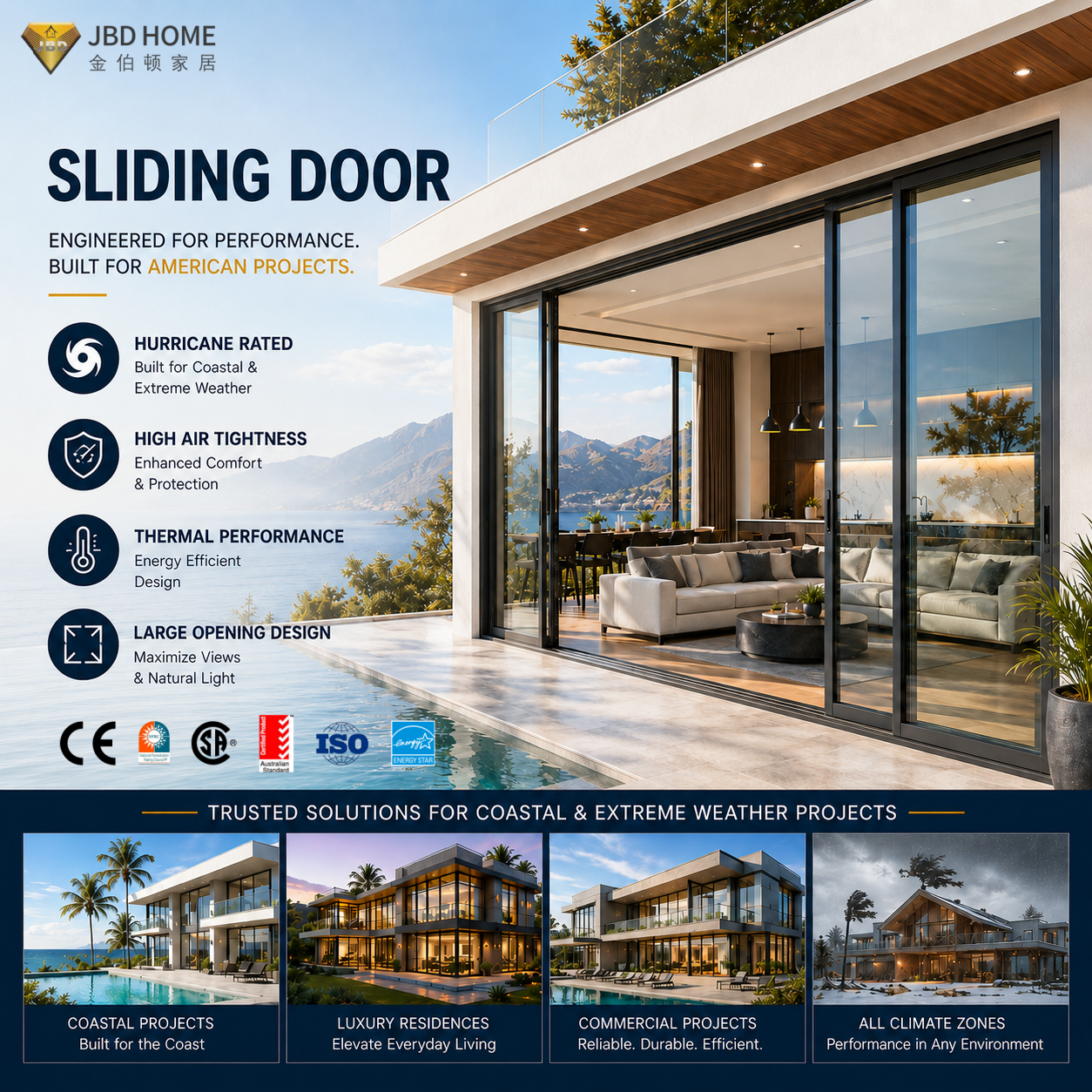NFRC Large Aluminum Sliding Glass Door Hurricane Rated Aluminum Frame Exteriors Patio Design Sliding Glass Doors for Home