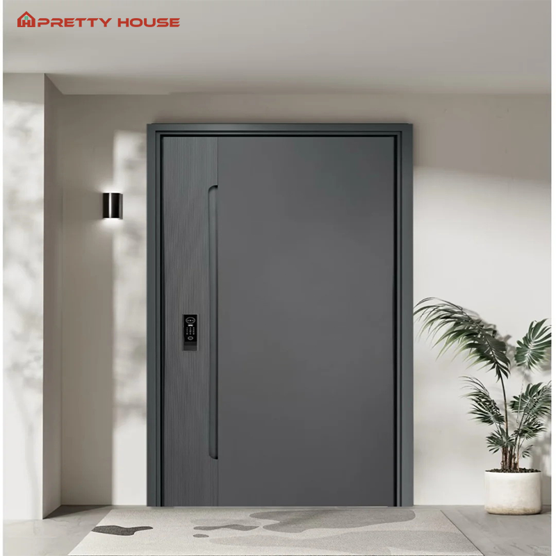 Modern Front Pivot Exterior Security Door Stainless Steel Aluminum Waterproof Wooden Grain Glass Push-Pull Hotels Bedrooms