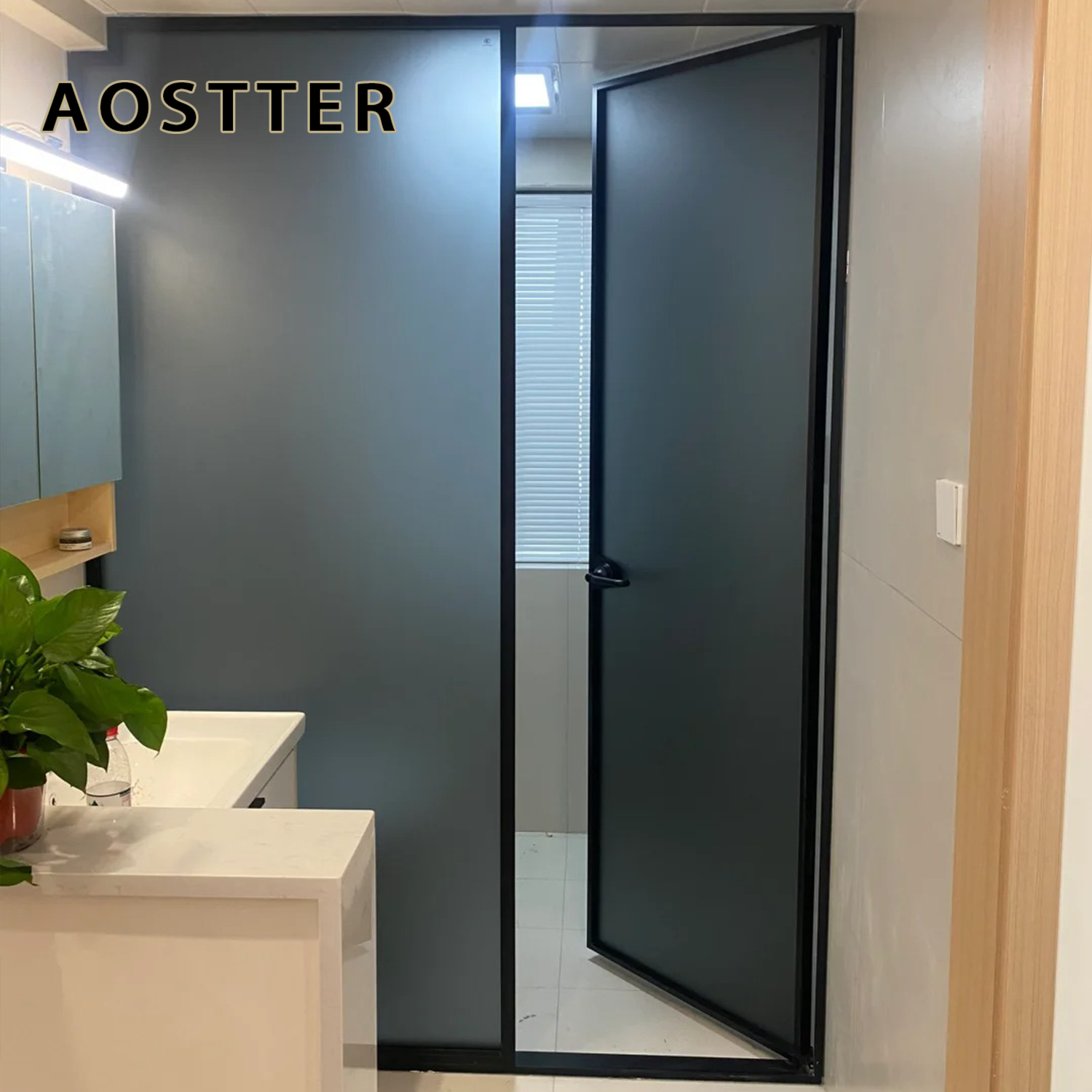 AOSTTER Slimline Aluminum Sliding Door Opaque Safety Glazing Heavy Duty Pivot Hinge Manual Anti-Theft for Hotel Room Washroom
