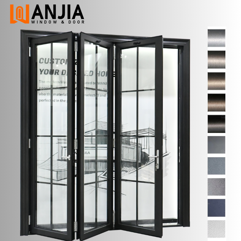 WANJIA Custom Aluminium Glass Accordion Doors Grid Design Hurricane-Proof Exterior Bifold Door