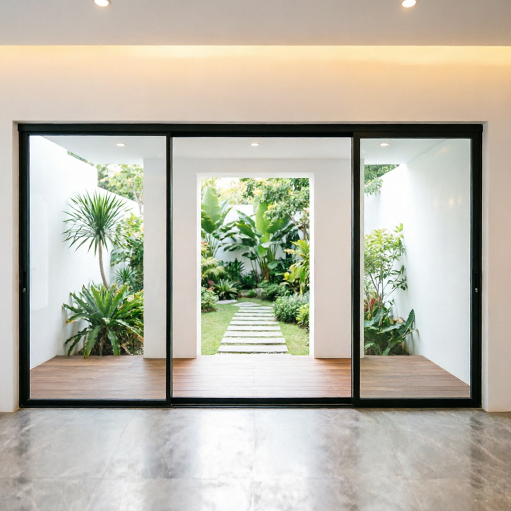 Modern Minimalist Ultra Narrow Frame 3 Panel Aluminum Sliding Door Silent Waterproof Anti-mold Hollow Glass Linkage Patio Door