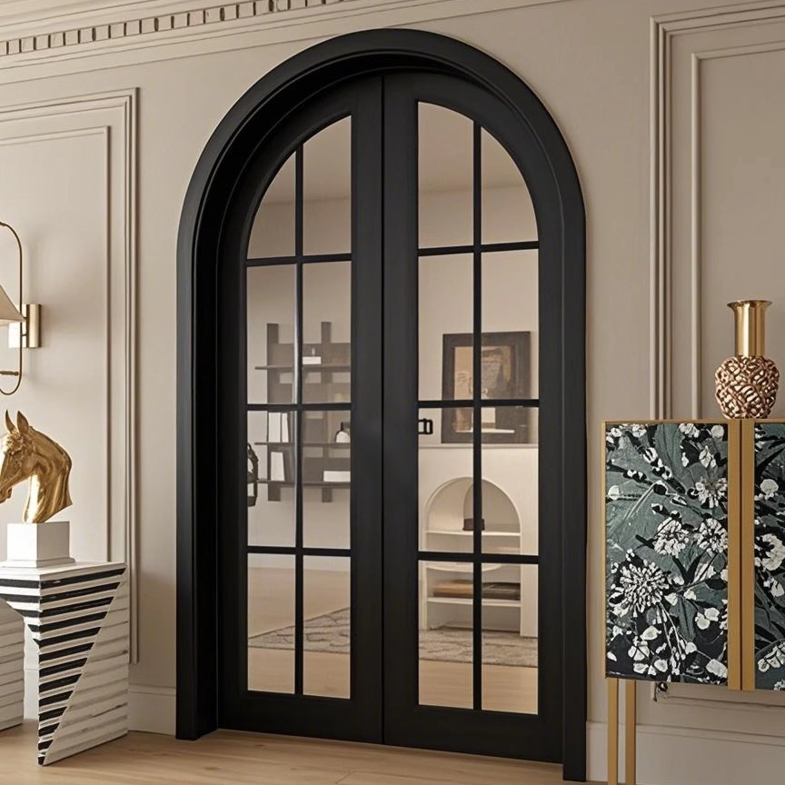 Customized Arched Aluminum Framed Swing Clear Glass Door Windproof Crittall Style Entrance Metal French Doors