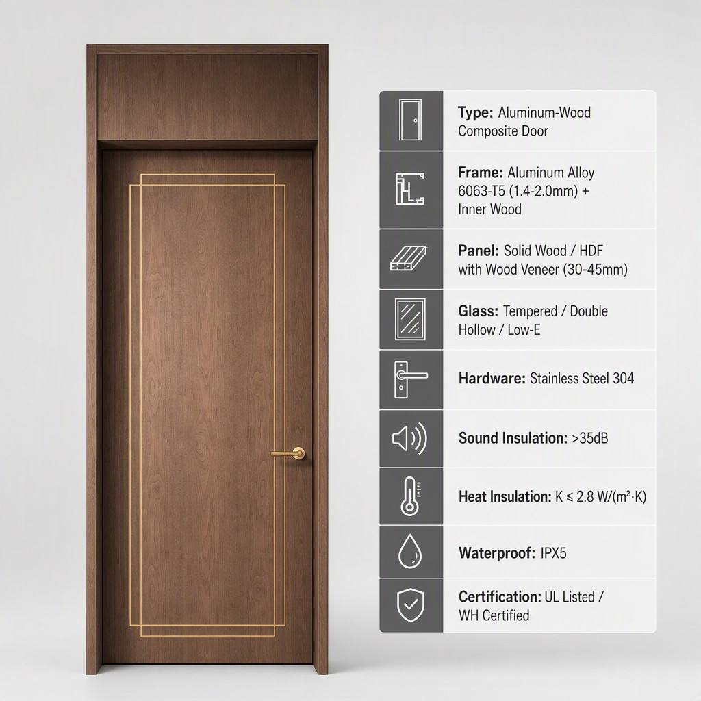 Custom Size Aluminum Wood Composite Fire Door Listed WH Certified IPX5 Waterproof for Apartment Office Commercial Building