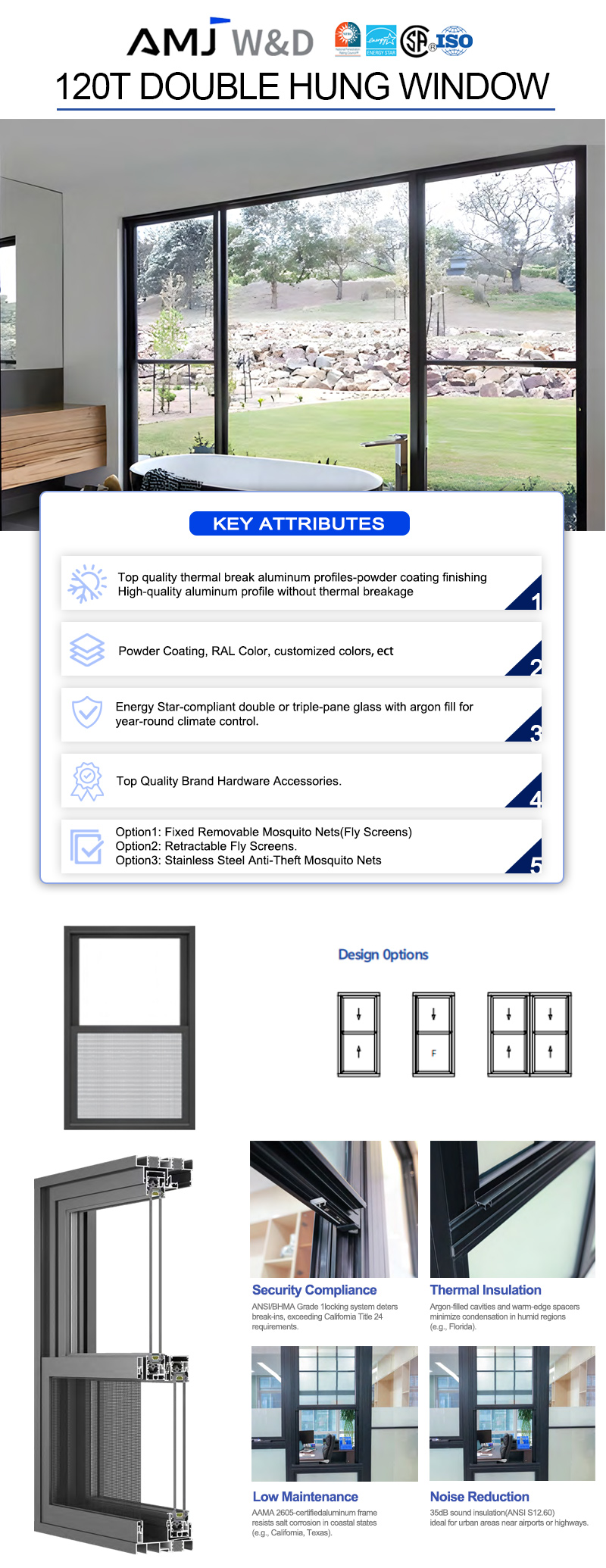 AMJ American Style Double Hung Window NFRC Energy Conservation Tempered Glass Heritage Sash Windows Top Hung Windows