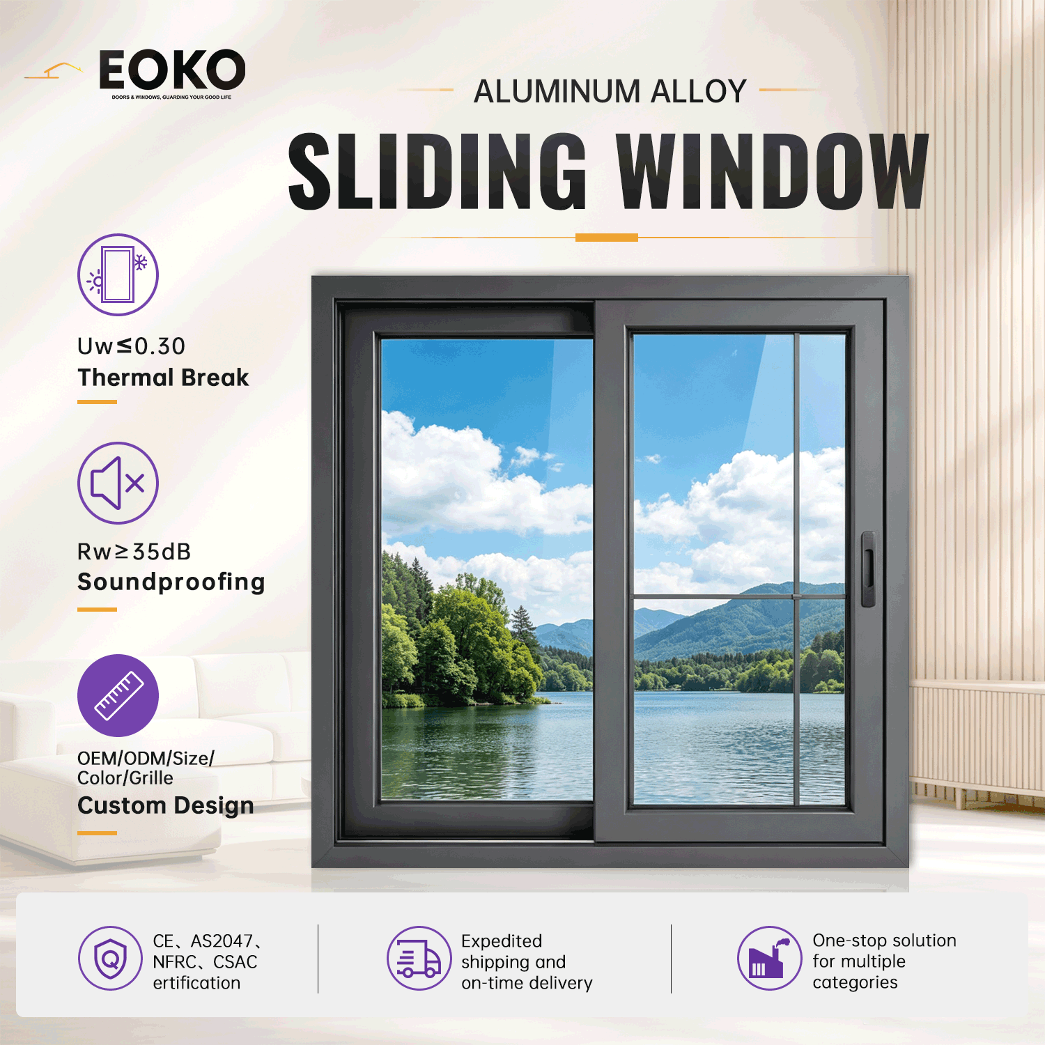 EOKO Commercial Aluminium Windows For Buildings Double Glazed Sliding Windows Aluminum Frame Modern Custom One-stop Solution