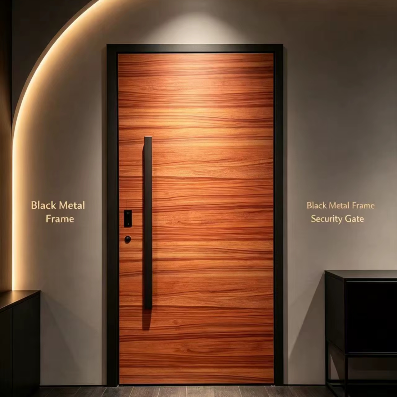 Modern European Design Wood-Grain Aluminum Pivot Entry Door Sidelight Glass Black Metal Frame Apartment Front Anti-Corrosion 5