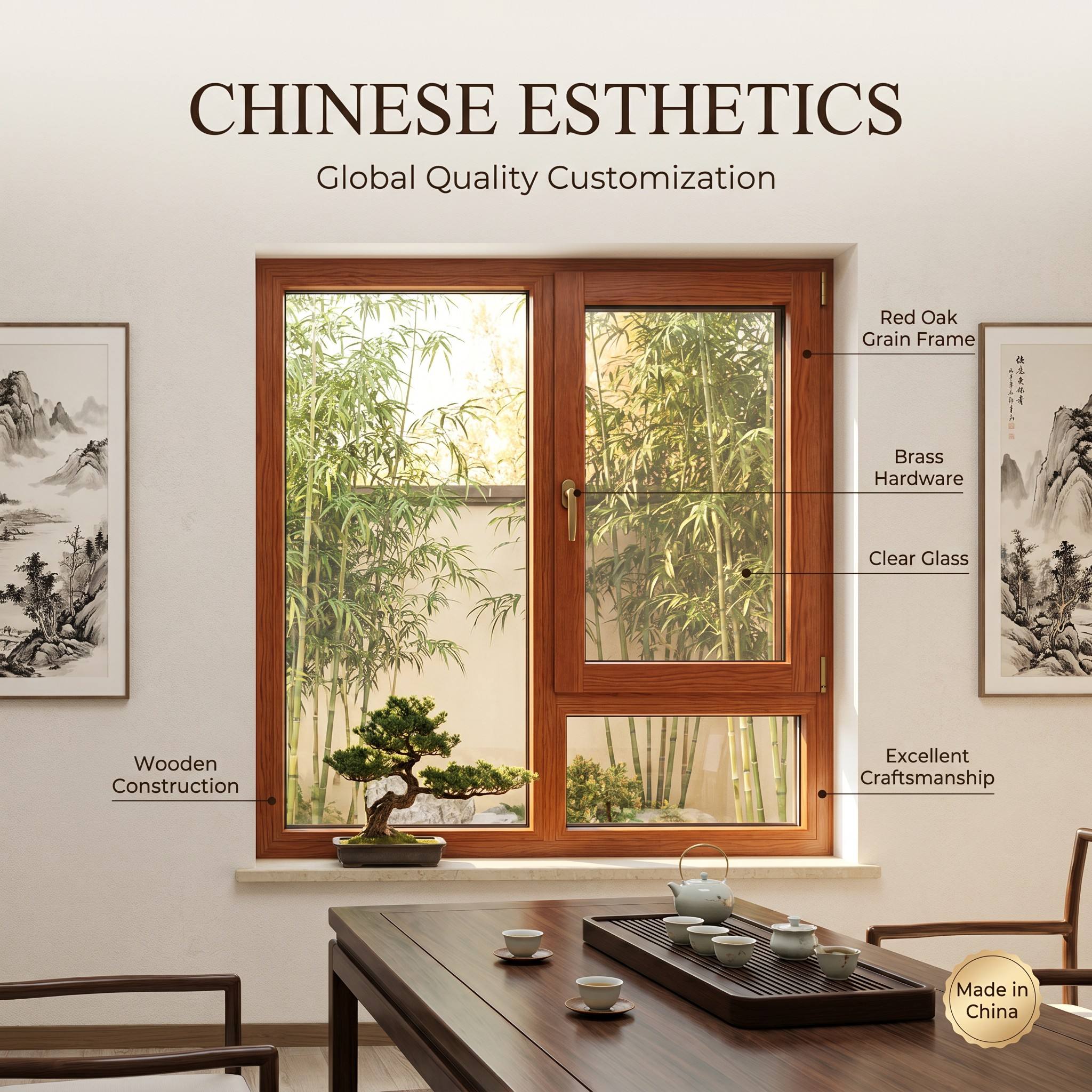 HUACAI Thickness Luxury Aluminum Wood Casement Window German Noto Hardware North American Red Oak Triple Glazed Apartment