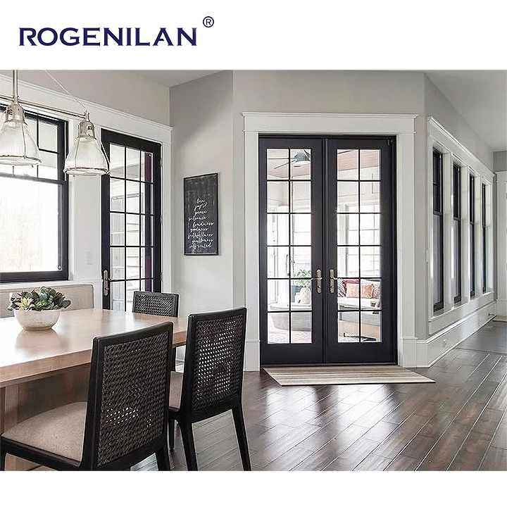 Rogenilan China Supplier Customized Size Aluminum Doors And Window Double Large Glass Fixed French Door For Houses