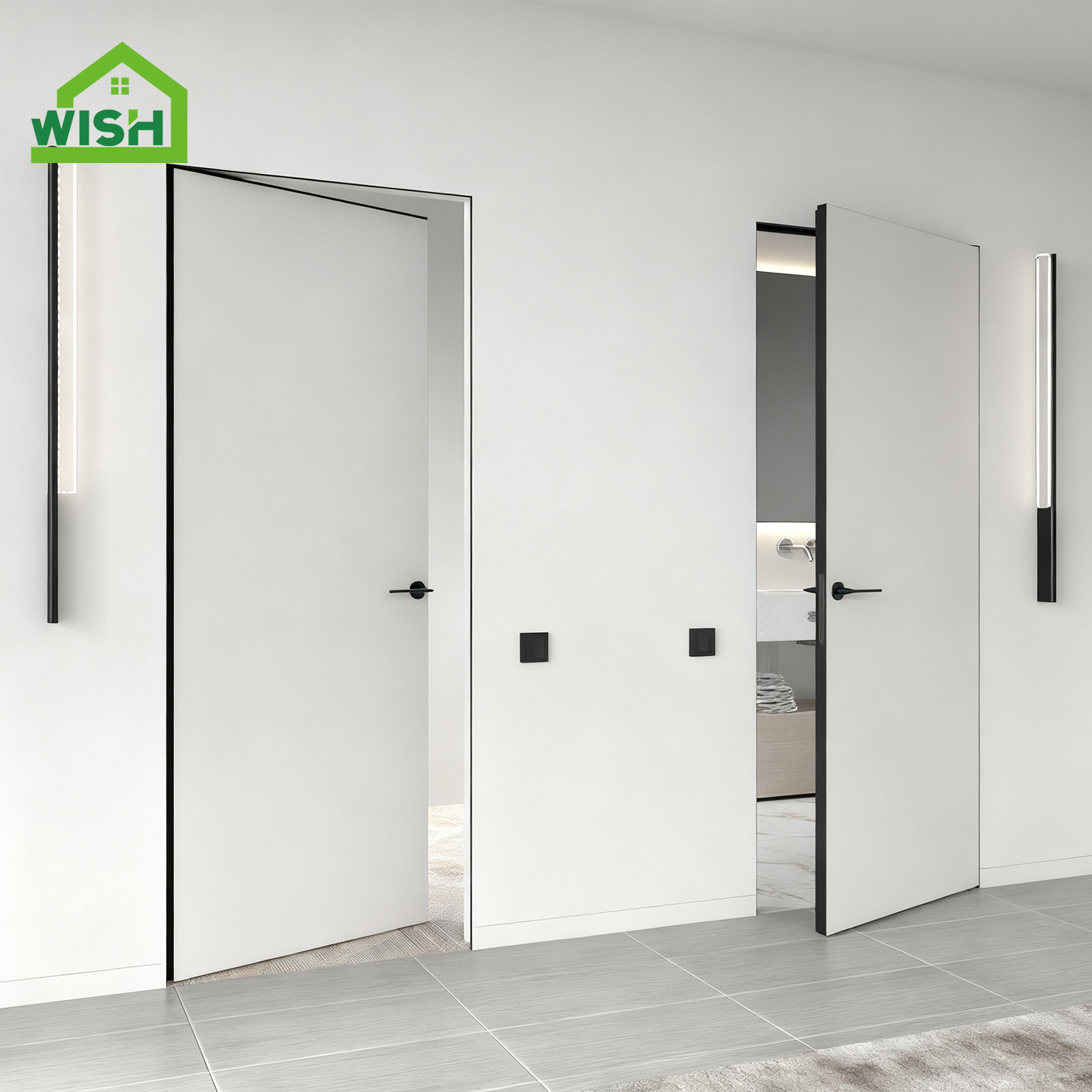Modern Style Aluminium Alloy Frameless Invisible Door with Wooden Panel Flush Mounted Same Color As Wall for Interior Doors