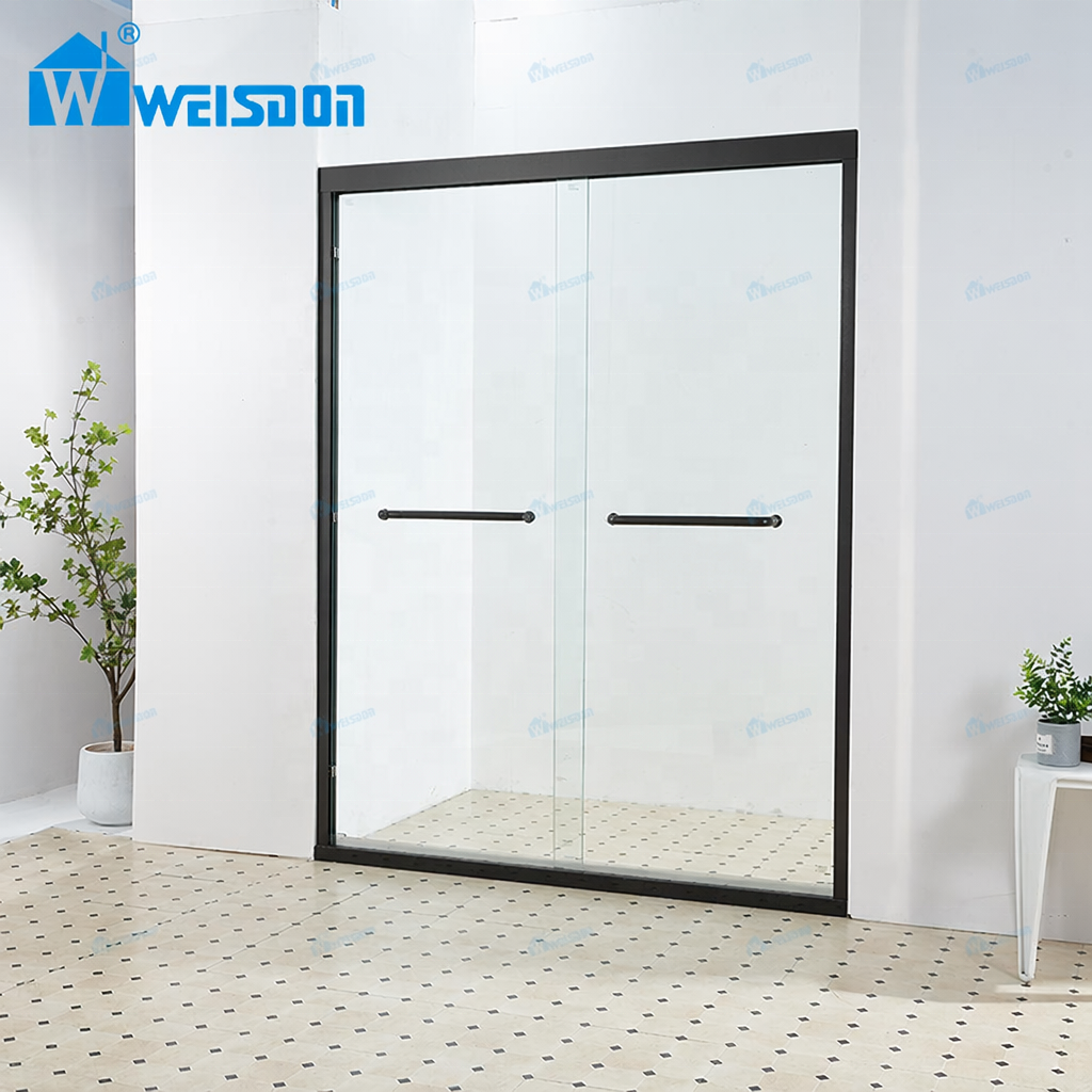 Custom Design Villa Hotel Bathroom Matte Black Aluminum Alloy 5+5mm Laminated Tempered Glass Framed Double Sliding Shower Door