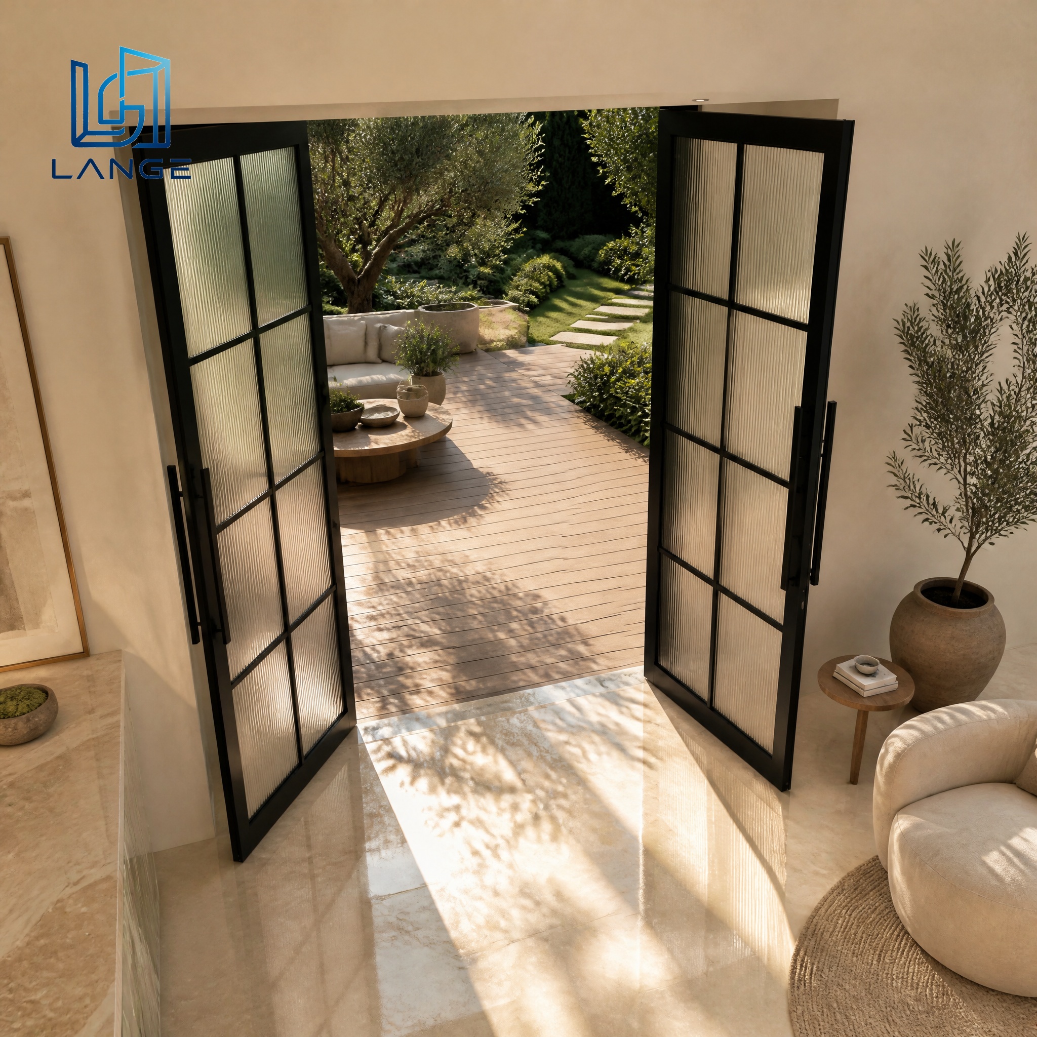 LANGE Panoramic View Thermal Break Aluminum Casement Door Slim Frame Double Glazing Exterior Swing Glass Doors for Roof Terrace