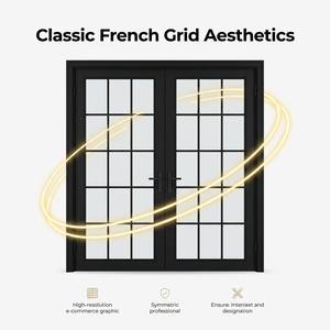 French Grid Aesthetics Pre Finished Black Interior Exterior Durable Aluminum Slim PVC French Door for Modern Home Villa